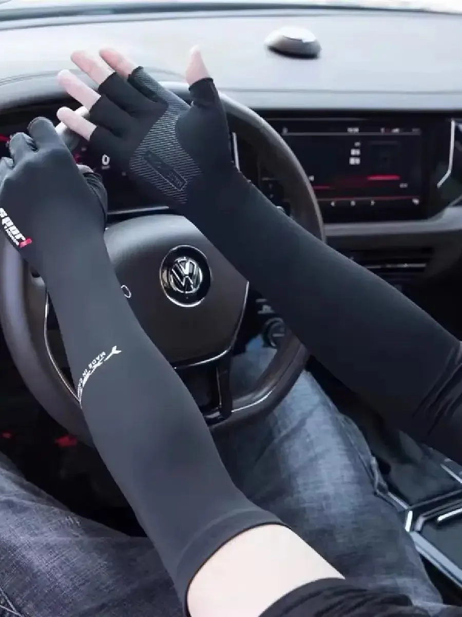 AliExpress NONE Ice Silk Sleeves Women Summer Sun Protection Men Fishing Cycling Breathable Two-Finger Non-Slip Gloves Arm Warmer Driving Sleeve