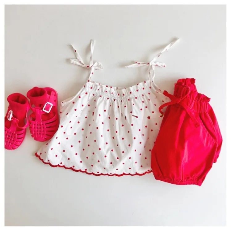 Korean Version of Girls' Summer Foreign Style Baby Girl Suspender Wearing Thin Polka Dot Shorts Two-piece Set of Bread Pants Set