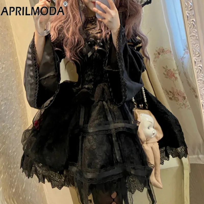 Abito Lolita in pizzo Kawaii in stile giapponese vittoriano gotico Vintage Girl Sweet Princess Holiday Party Robe Women Black Sling Dress