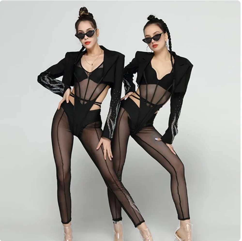 Bar gogo dançarino palco traje preto terno malha bodysuit drag queen roupas boate jazz dança roupas rave outfit