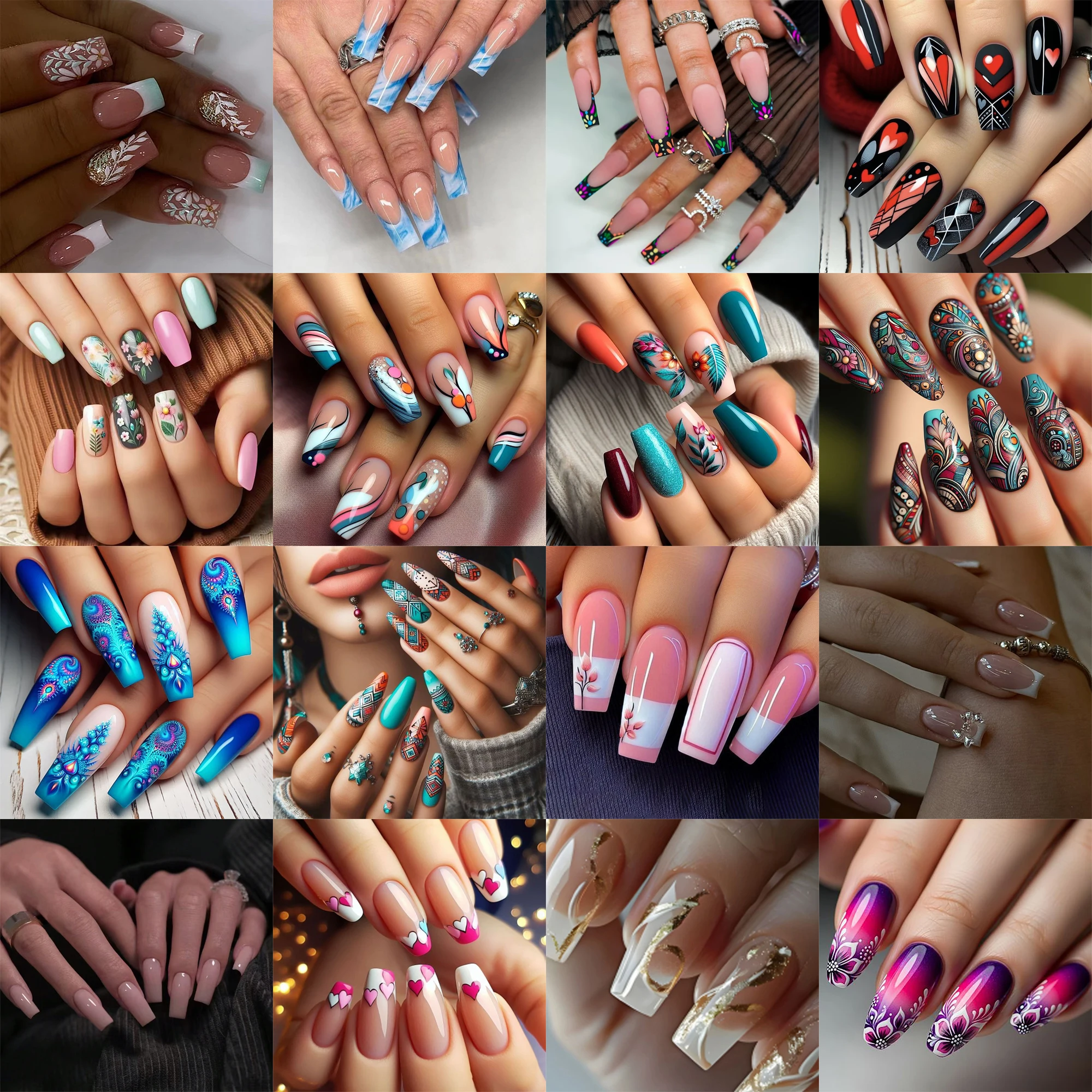 192Pcs Random Mixed 8‑Box Press On Nails Set, Short Medium‑Long Long Almond Square Y2K French False Nails, Red Blue Black White