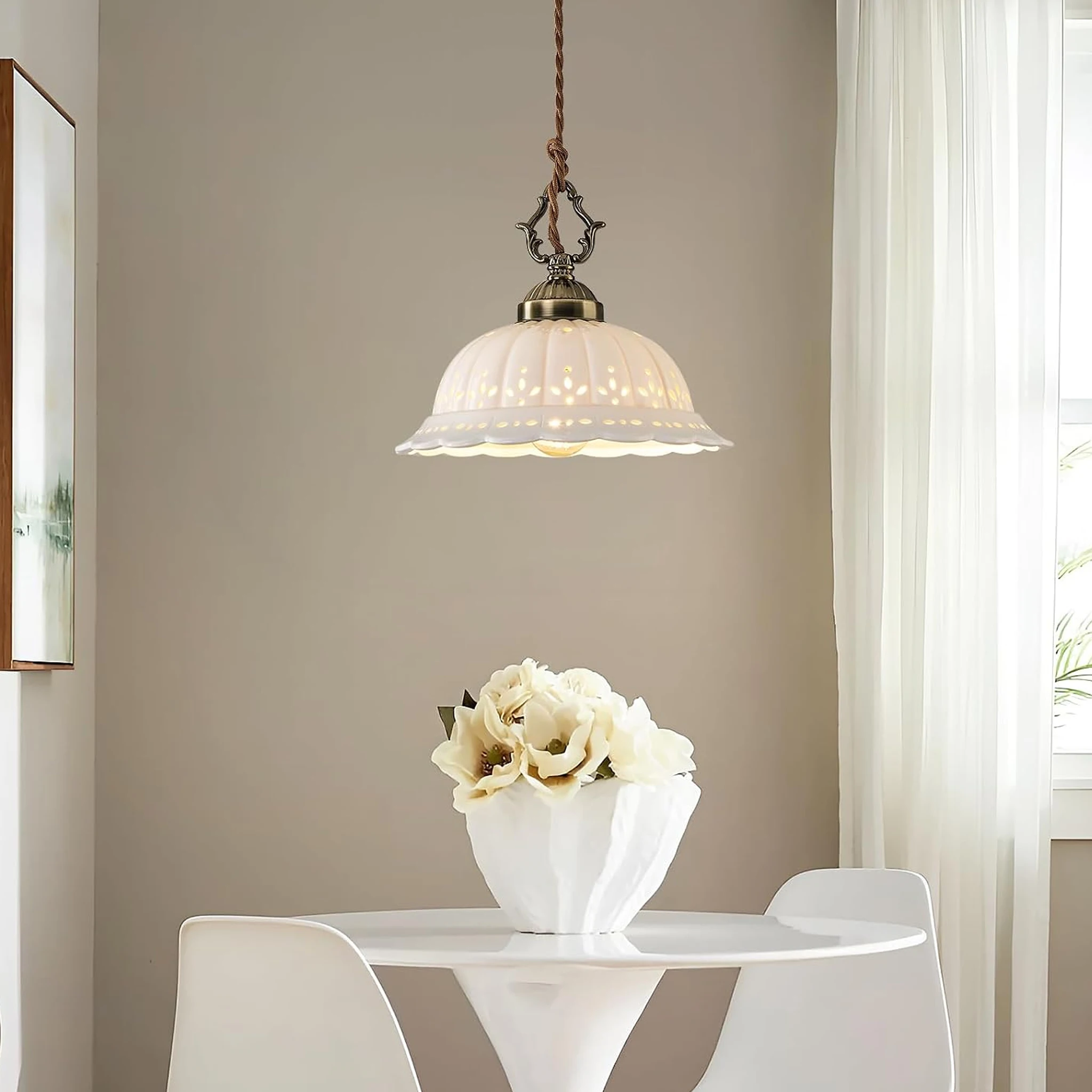Vintage Ceramic Pendant Light Fashion Luxury Copper Hanging Lamp Dining Living Room Bedroom Kitchen Foyer Flower Pendant Lamp