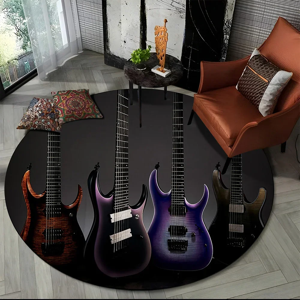 Electric & Classical Guitar Round Carpet – Musical Instrument Design Non-Slip Rug for Living Room, Bedroom, Playroom, Pet Area