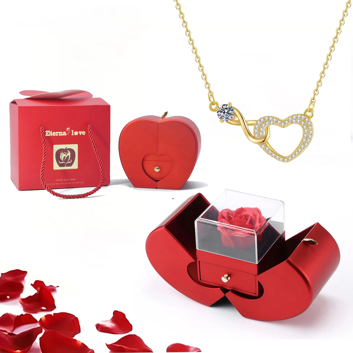 

Mom Heart Pendant Necklace With Apple Rose Gift Box For Women Girlfriends Mother Day Suitable Romantic Surprise