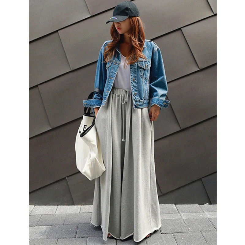 

Uslemon Urban Female Black Gray Solid Color Wide Leg Elastic Waist Pants Casual Work Long Turnip Trousers For Women