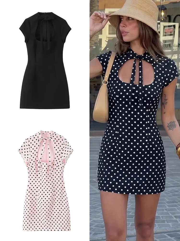 HH Fashion Damen Kurzarm Sommer Strandkleid mit Reißverschluss Elegantes Party-Freizeitkleid mit Schleifenkragen und Polka Dots Mini-Kleid