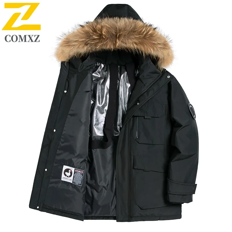 COMXZ Premium Mens Down Jacket Detachable Hooded Outdoor Climbing Windproof Parka Fashion Streetwear Style Autumn Winter Coat