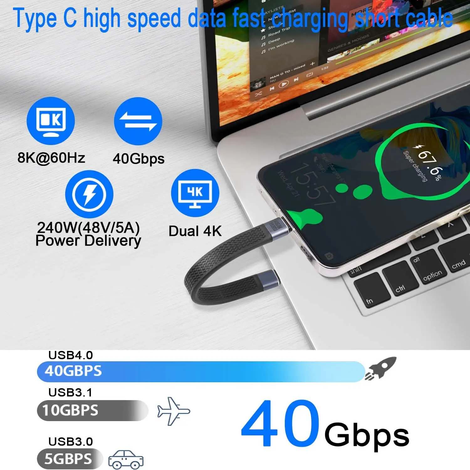 USB 4.0 USB C Short Cable PD 240W Thunderbolt 4 8k@60hz 40gbps Type C to TypeC Charger Data Transfer Cable for Power Bank Laptop