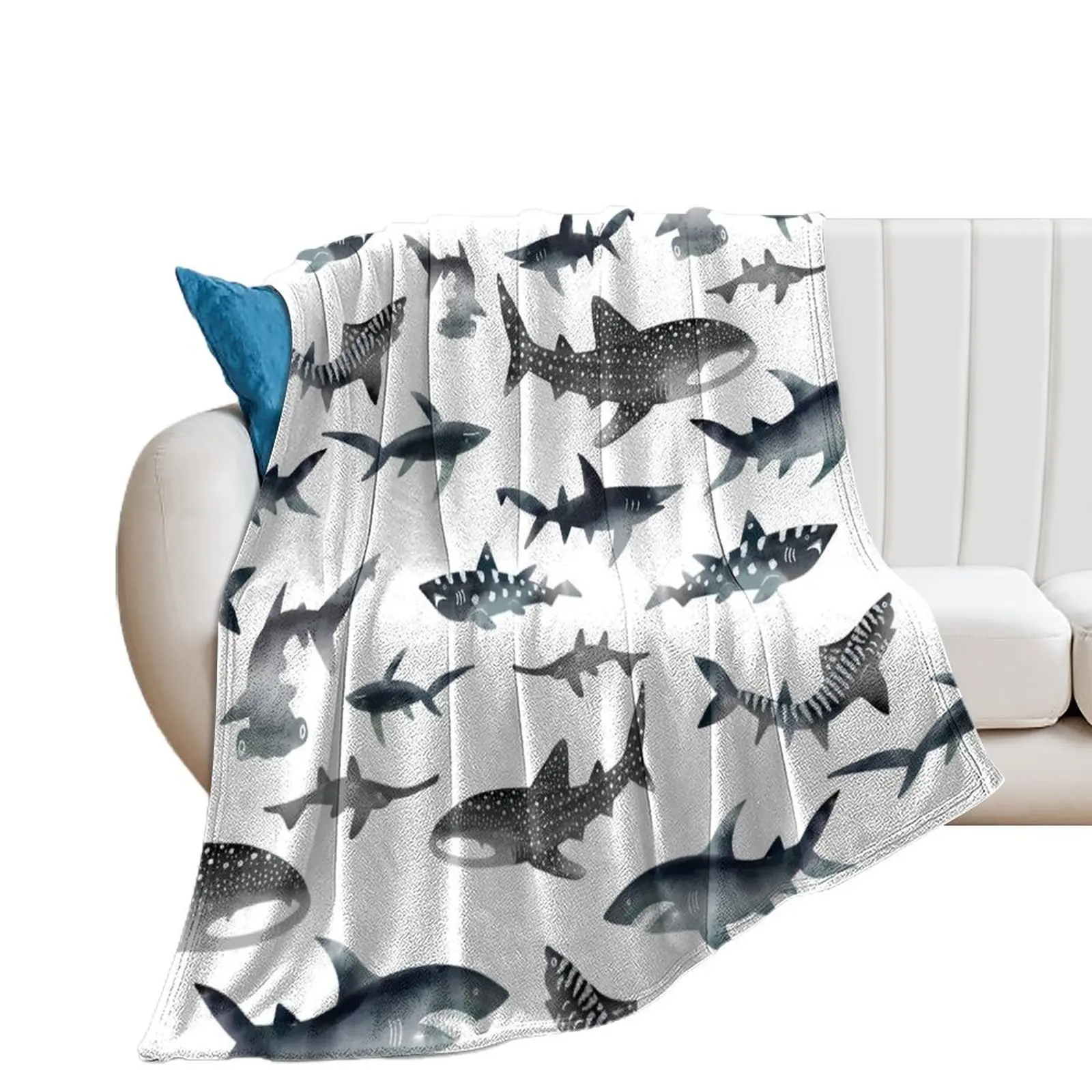 

Sharks! Sharks! Sharks! Dark Ocean Watercolour Throw Blanket Flannels Tourist Decorative Beds Soft Big Blankets