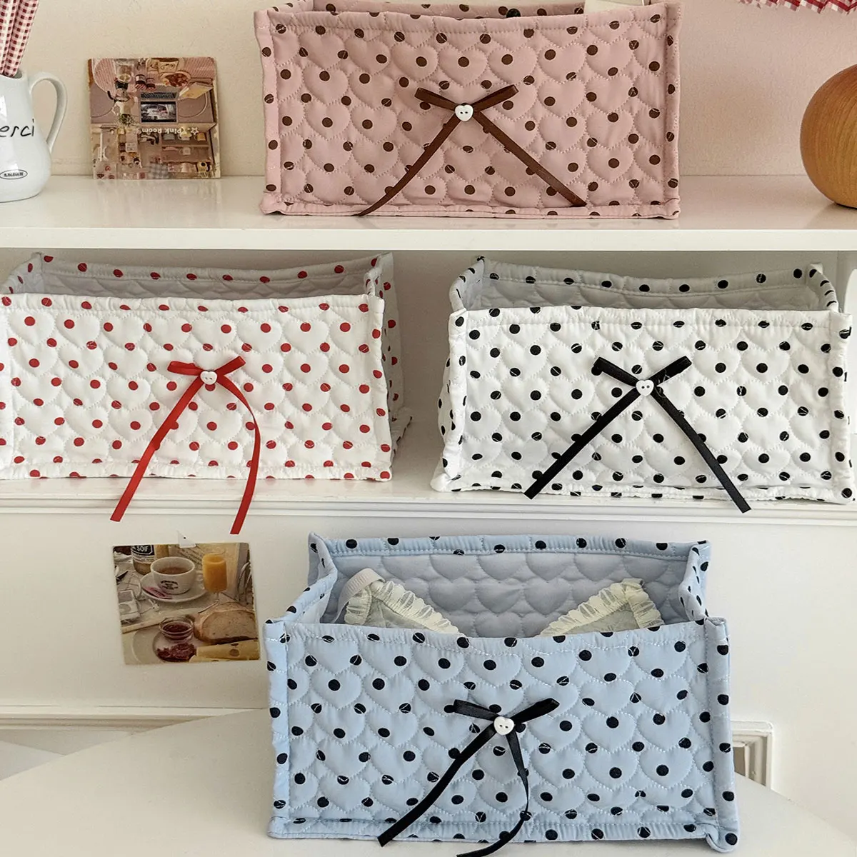 Polka Dot Quilted Fabric Storage Basket Rectangle Desktop Organizer Foldable Cosmetic Sundries Storage Box Home Organization