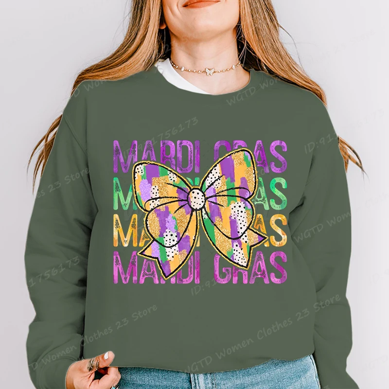 Bow Mardi Gras Print Pullovers For Women Autumn And Winter Casual Crew Neck Loose Tops Ladies Hoodless Pullover Women Sweatshirt