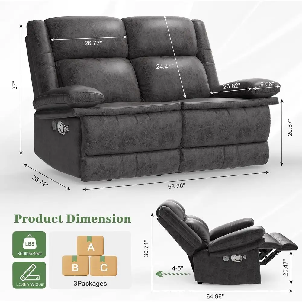 2-Seater Reclining Loveseat Sofa with USB Ports & Cell Phone Holders, 58 RV Sofa, Manual Recliners (Polished Microfiber)
