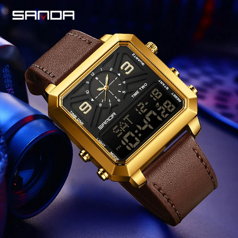 

SANDA Business Sports Square Men's Quartz Watch Dual Display Waterproof LED Analog Digital Countdown Electronic Male Wristwatch