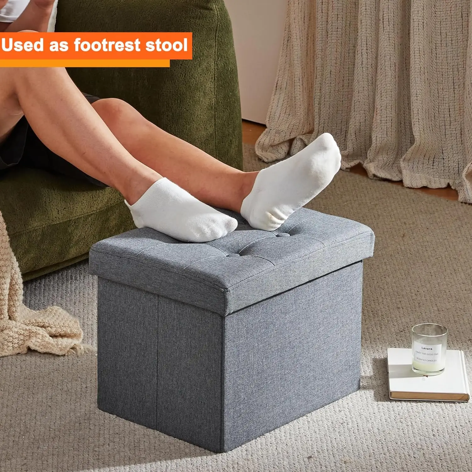 Foldable Grey Storage Ottoman Footrest, 17x13x13", Small Bench for Living Room.
