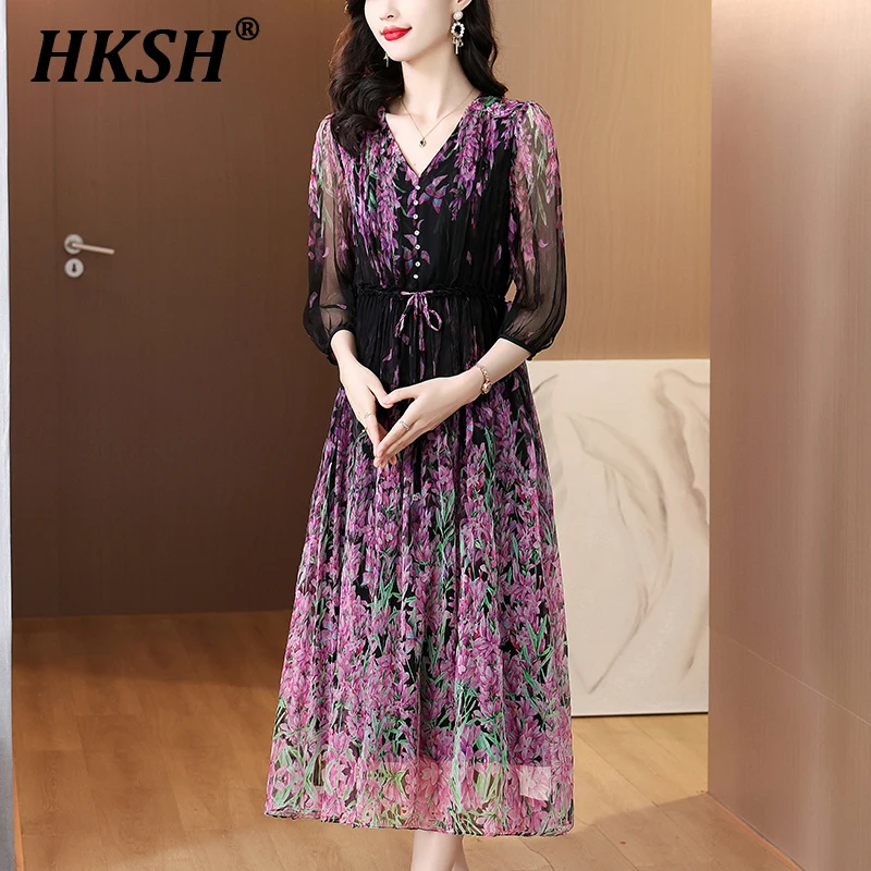 

HKSH Summer New Women Ins Trendy Elegant Temperament Casual Printed Pleated Decorative Button Waist Cinching Floral Dress HK6195