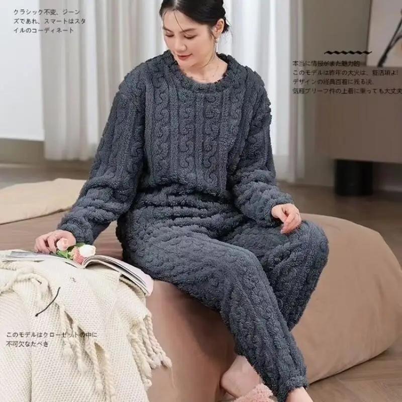 Сплошной цвет, женские пижамы, сохраняющие тепло, пижама из кораллового флиса для девочек, осень-зима, новая модель, одежда для сна, утепленная домашняя одежда, комплект из двух предметов