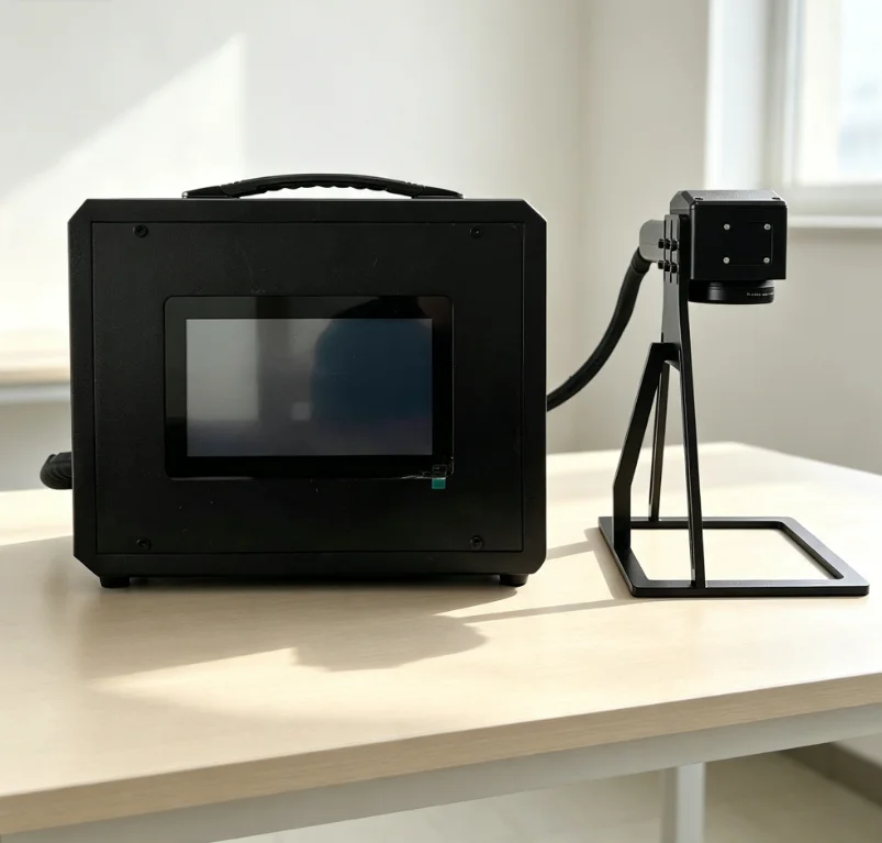 Portable black handheld fiber laser marking machine 20/30/50W, available in plug-in or battery-powered versions.