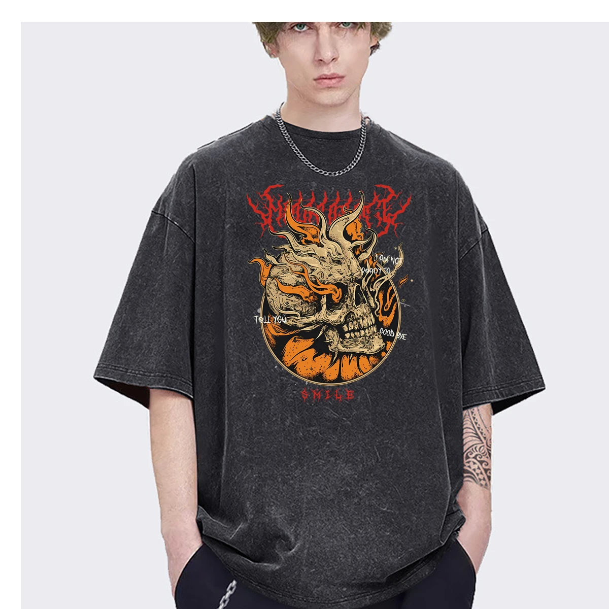 Streetwear Burn skull Trend pattern harajuku Oversized t shirt mens Womens Trendy Fashion Casual Vintage Washed Cotton Tops Tee