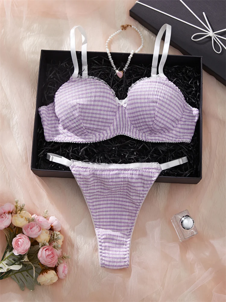 Sexy Female Lingerie Purple Ruffles Bra Set Delicate Sexy Underwear Bowknot Pure Desire Intimate Outfits Matching Lingerie Set