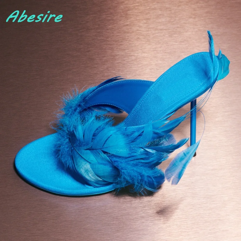 Blue Feather Decoration Clip On Slippers Round Toe Shallow Slip On Thin Heels Shoes for Women Summer Outside Sexy Party Shoes