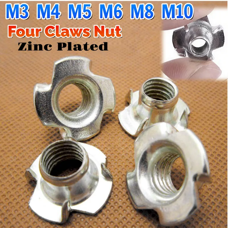 Beicai Carbon Steel Zinc Plated Four Claws Nut Speaker T-nut Blind Pronged Insert Tee Nut Furniture Hardware M3 M4 M5 M6 M8 M10