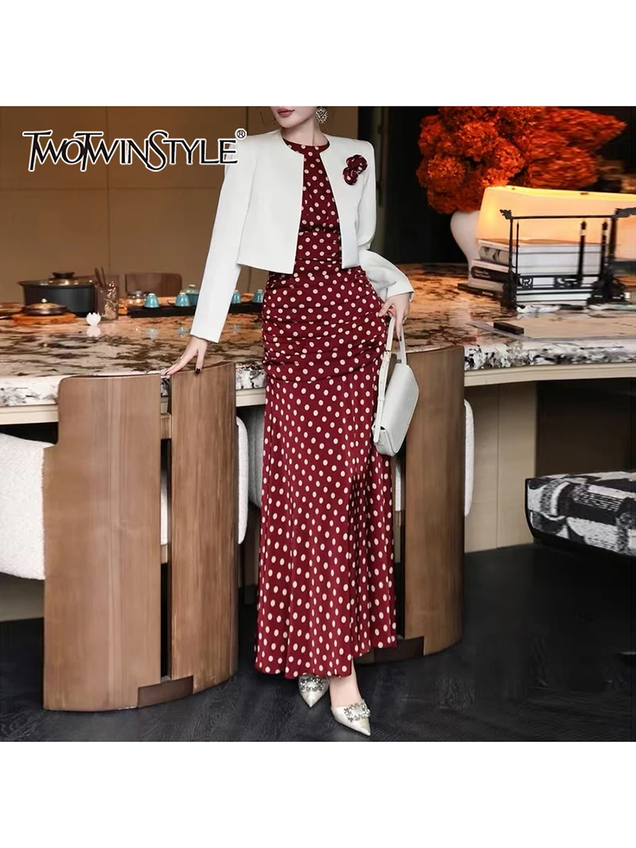 

TWOTWINSTYL spliced wave point two piece sets for women O neck long sleeves short jacket sleeveless dress elegant set female new