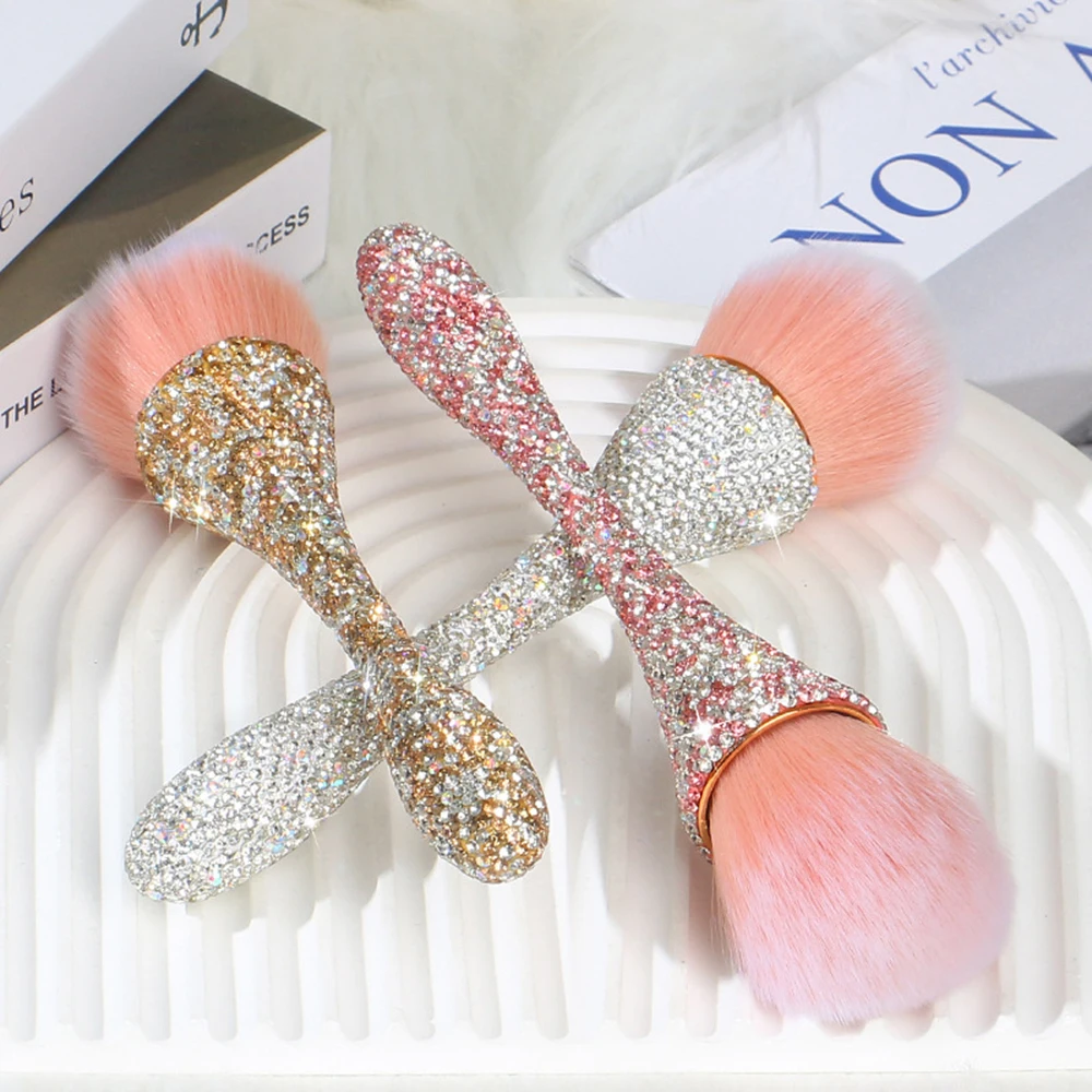 Nail Dust Brush with Shiny Rhinestones Silver/Gold/Pink Dust Brush for Nails Fluffy Nail Duster Cleaner Nails Powder Remover