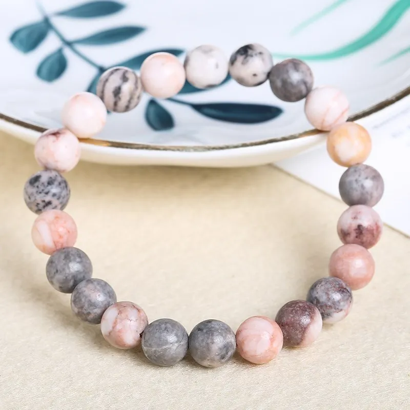 JD Natural Pink Zebra Jaspers Stone Beads Bracelet Handmade Yoga Healing Wristband Jewelry for Women Men Friendship Gifts