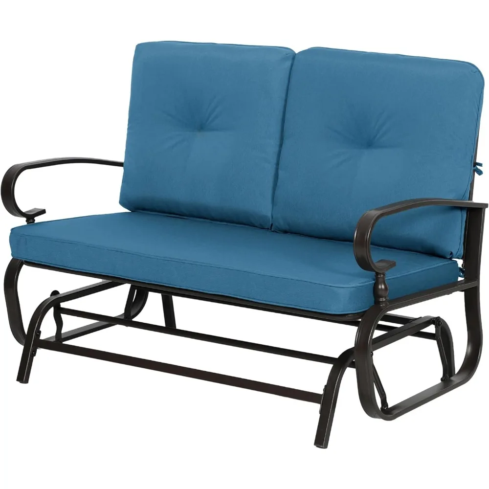 

Outdoor Swing Rocking Chair Patio Bench, Garden Double Seat Patio Steel Frame Chair Set with Cushions, Peacock Blue