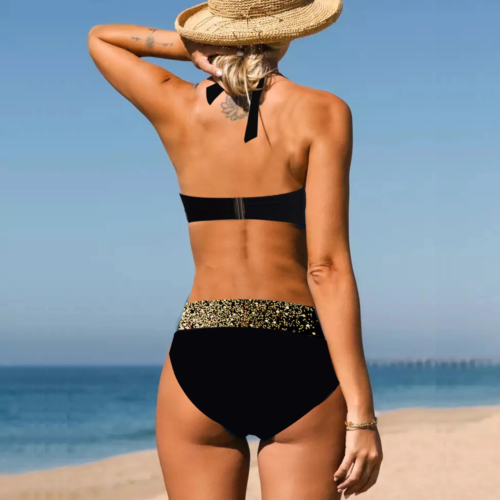 Summer Separate Two-Piece Swimwear Shiny Solid Color Wide Shoulder Straps Underwear Vest Swimsuit High Waist Beach Casual Bikini