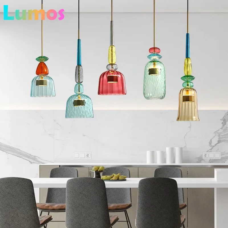 Colorful Glass LED Pendant Lights for Dining Room Kitchen Table Hanging Chandeliers Suspension Restaurant Bar Decor