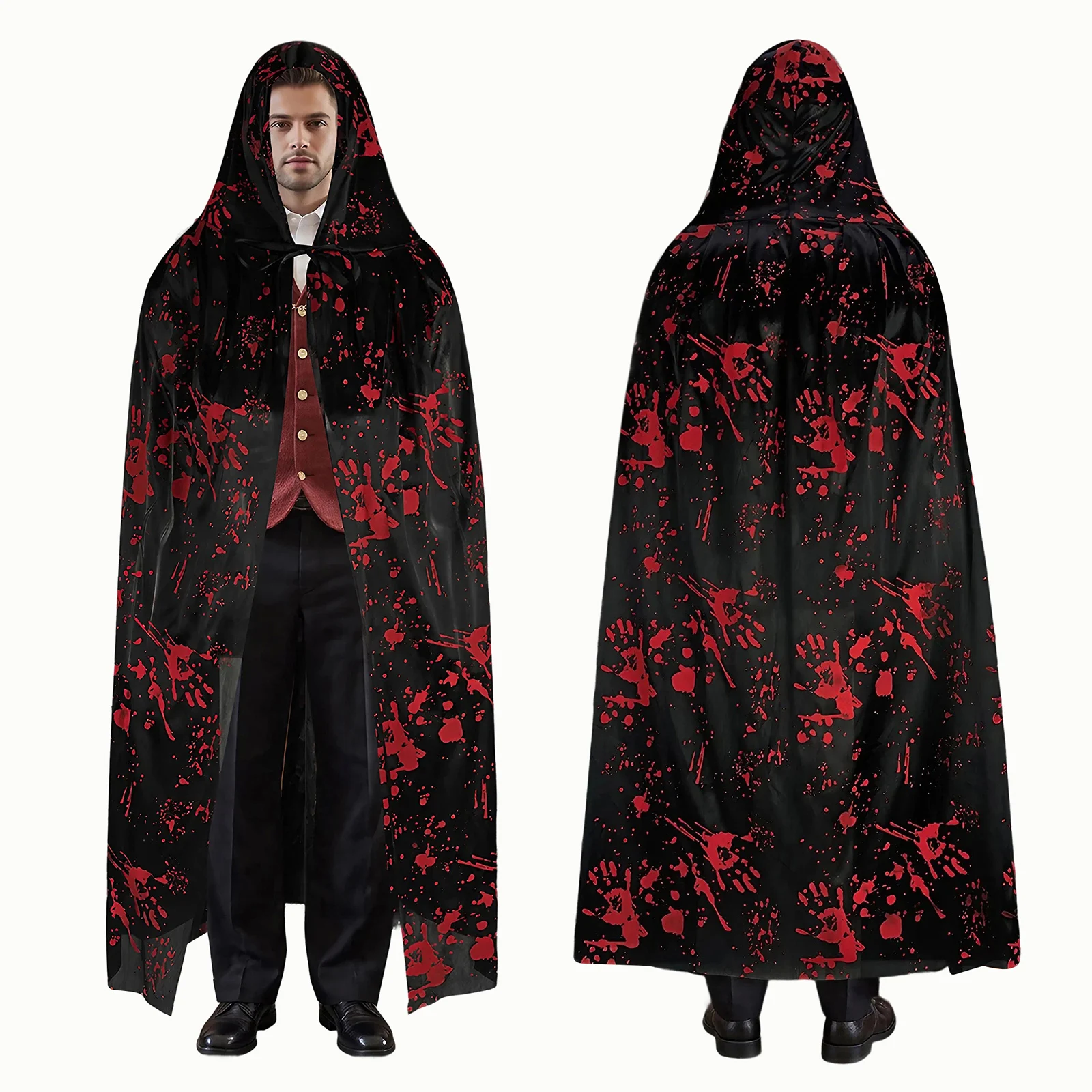 

Bloody Cloak for Kids Adult Black/White Halloween Witch Costume Tie Front Hood Cape