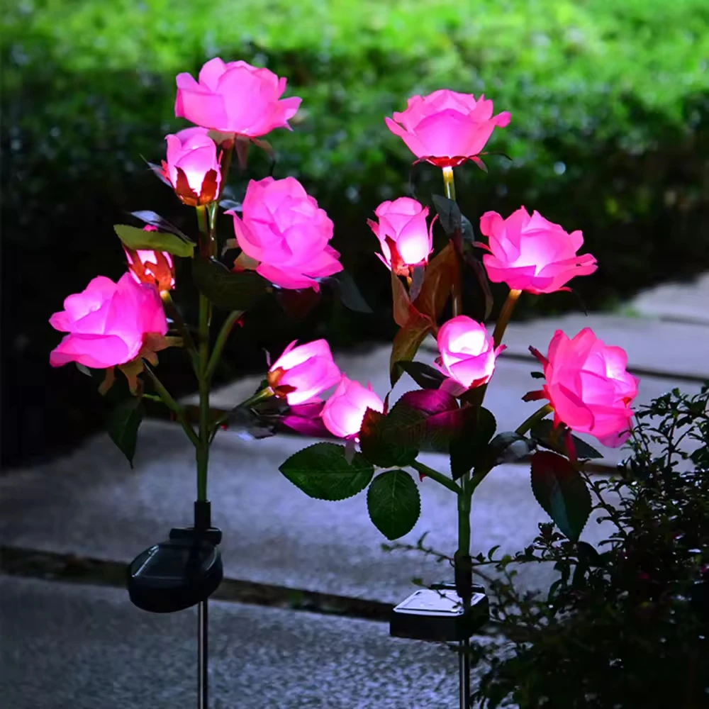 5 Heads Solar Lights Outdoor Decorative Solar Garden Lights Rose Flower Outdoor Waterproof Lawn Lamp for Yard Patio Garden Decor