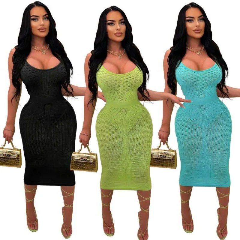 

Slim Fit Sexy Knitted Sling Long Dress Women 2023 Autumn U-neck Hollow Out Sleeveless Bodycon Vestidos Party Club Streetwear