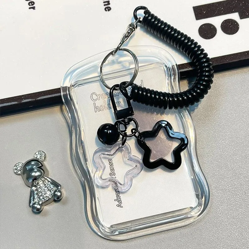 Kawaii Wavy Edge Clear Card Holder with Star Keychain Transparent ID Badge Holder for Student Bus Card & Credit Card Storage