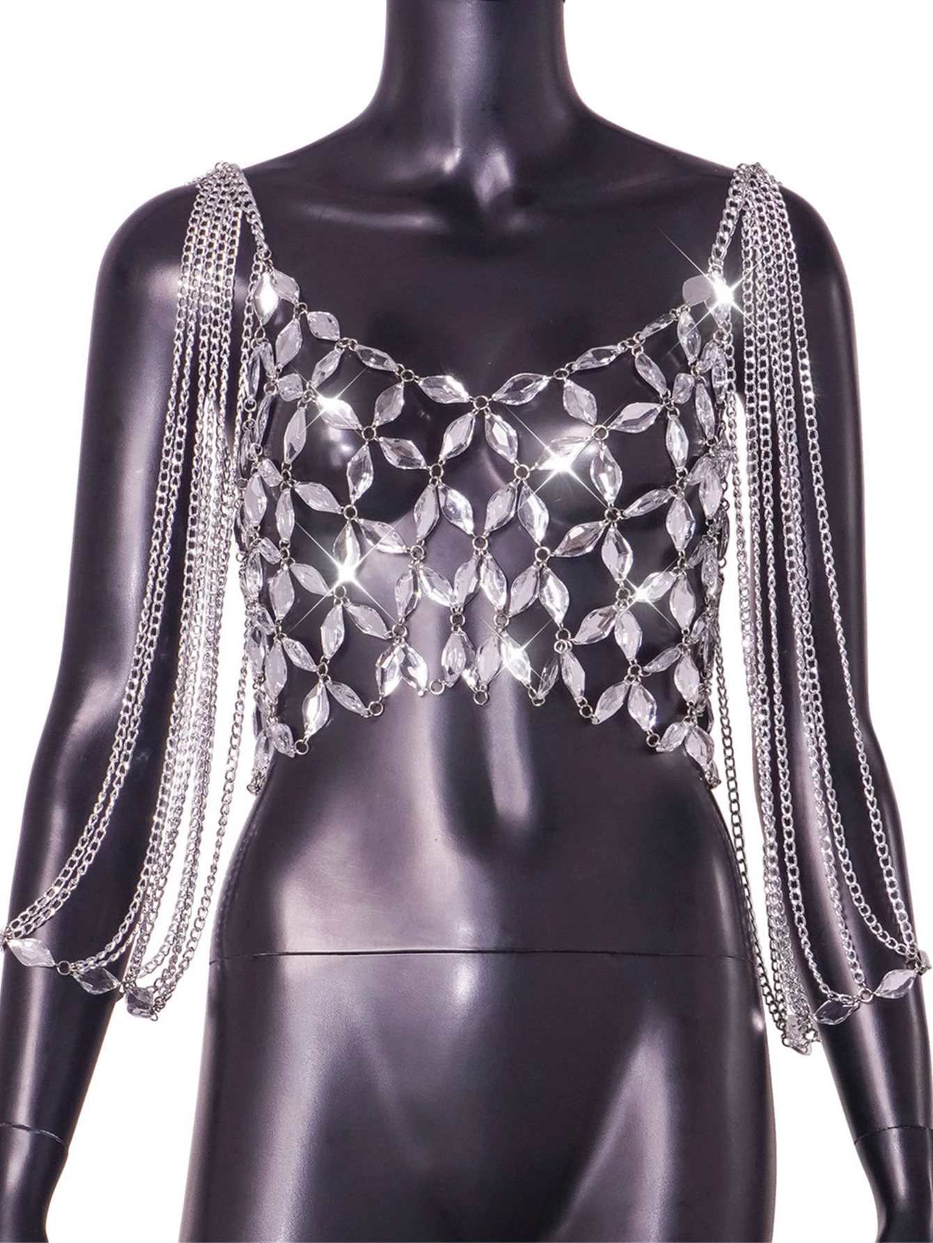 Sexy vedere attraverso il corsetto con strass in metallo crop top abiti estivi da donna canotta corta catena per il corpo club party top rave outfit