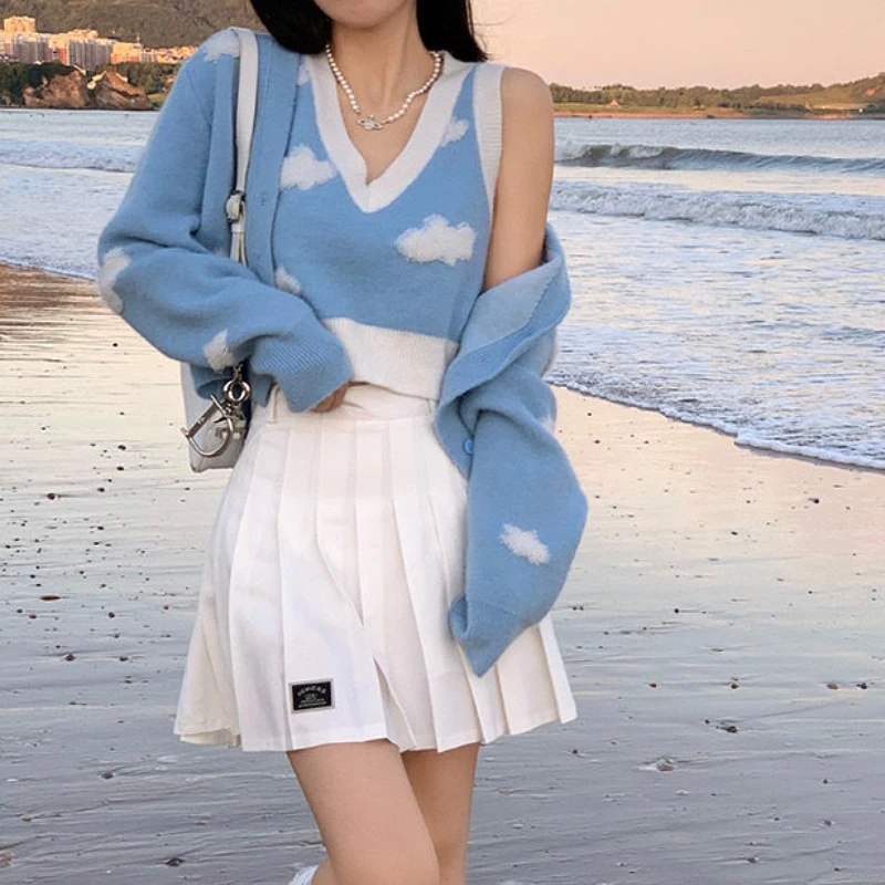 Autumn Winter Women Soft Blue Sky White Clouds Sweater Coat Gentle Knitted Cardigan + V-neck Camis Vest Tops Suit Two-piece Set