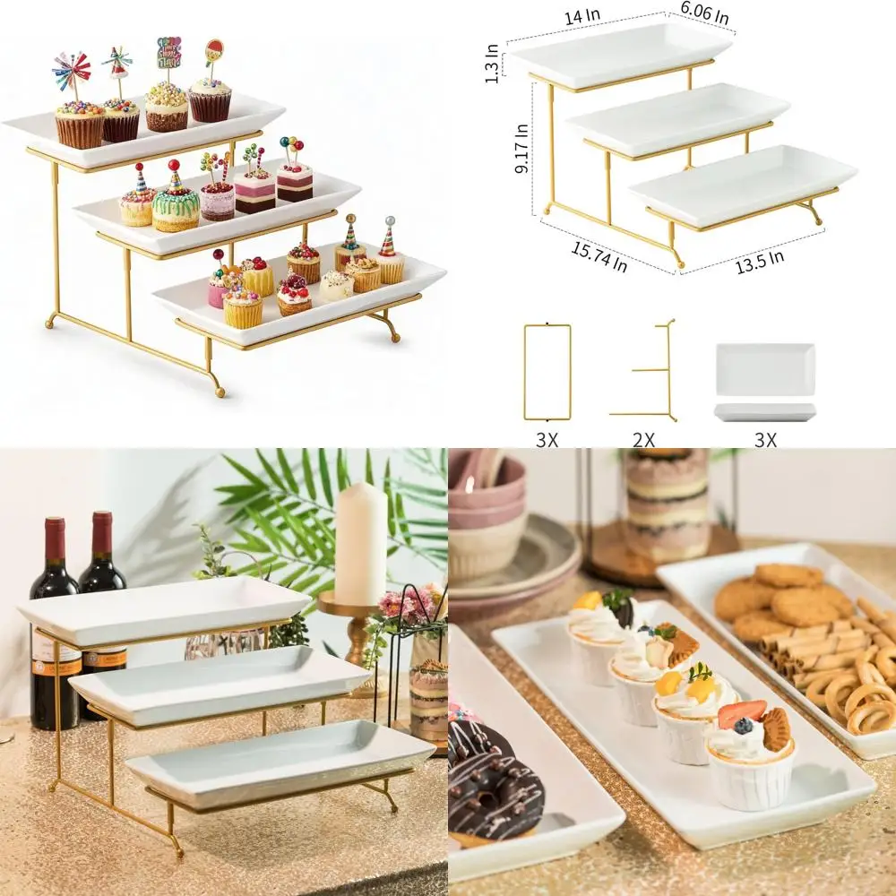 

Collapsible Gold 3-Tier Serving Stand with 14 Inch White Porcelain Platter Set
