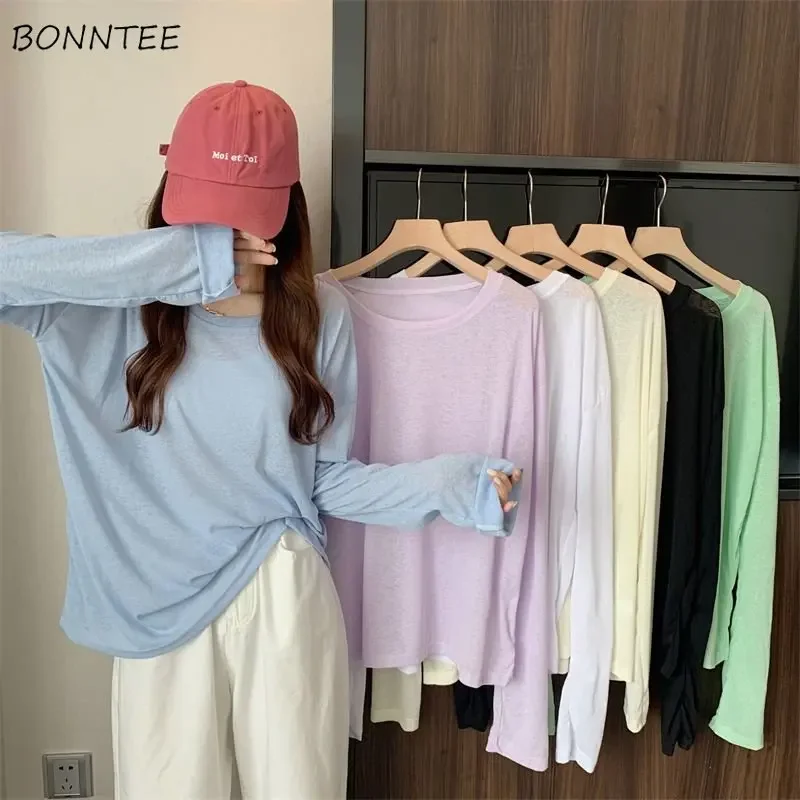 T-shirts Women Summer Sun-proof Classic Long Sleeve Fashion 6-colors Ladies Temperament Loose Casual Solid All-match Breathable