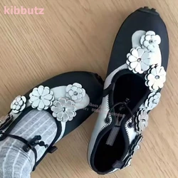 Flowers Lace-Up Ballet Pump Shoes Round Toe Flat With Mixed Color Leather Elegant Concise Fashion Novelty Women Sneakers Newest