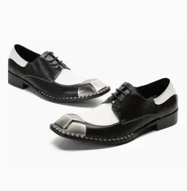 Sliver Metal Square Toe Black White Matte Genuine Leather Low Top Shoes Business British Style Banquet Dress Shoes Male Size 47