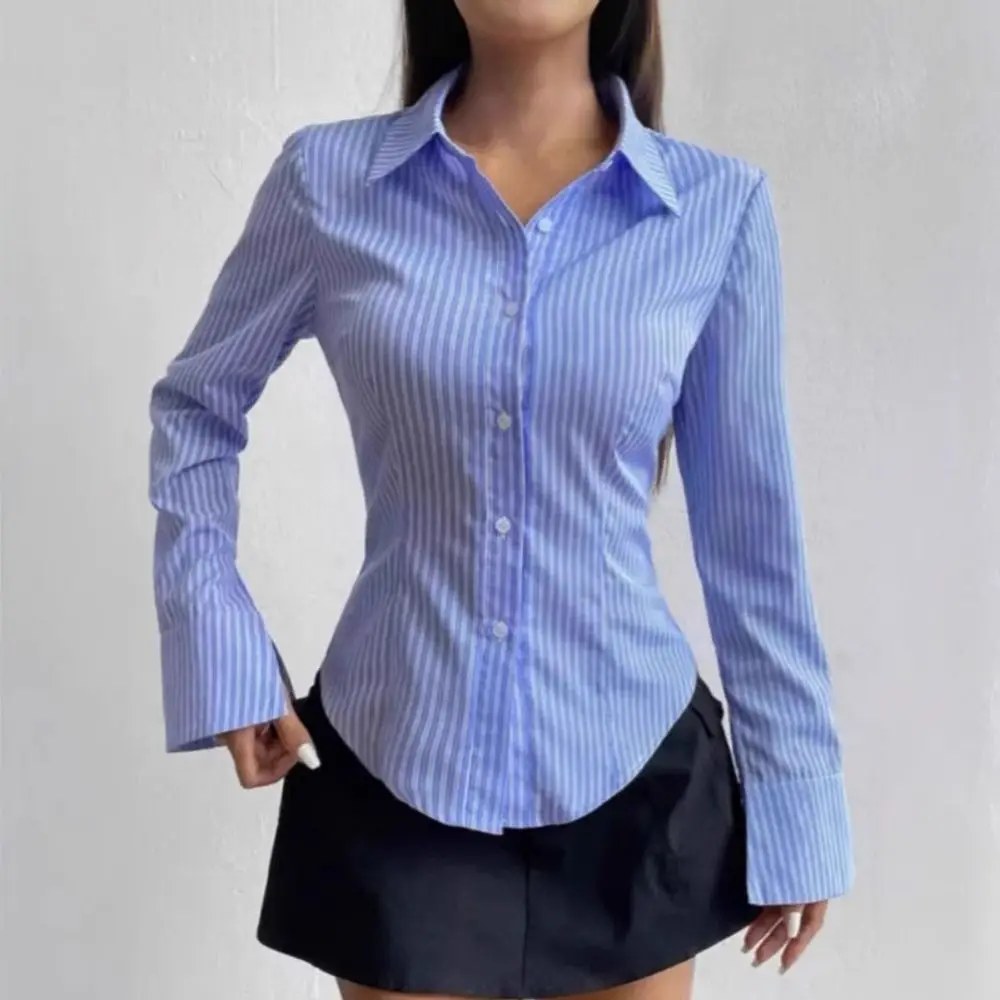 Klassieke gestreepte blouse met lange mouwen, patchwork, gestreepte shirts met enkele rij knopen voor dames, losse retro-chique tops met V-hals