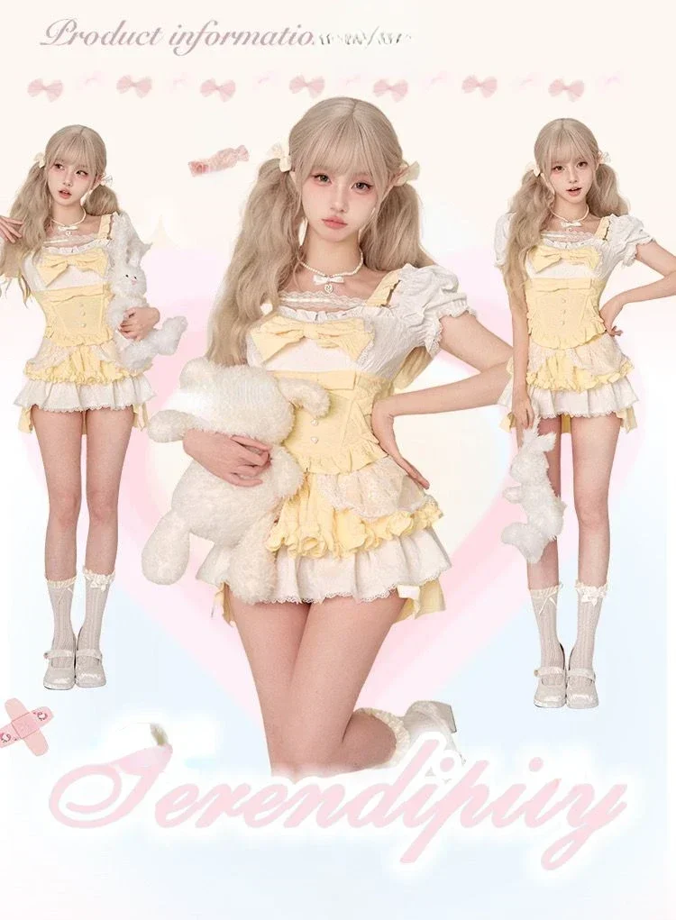 2024 Summer Lolita Kawaii Sweet Suit Woman Japanese Cute Skirt Sets Bow Caual Blouse + Fashion Y2k Mini Skirt Aestheics Girls