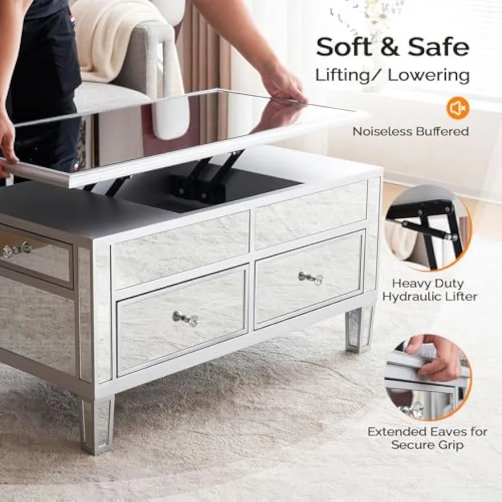Mirrored Lift Top Coffee Table, Assembled Modern Coffee Table with Drawers for Living Room (Silver, 35'' x 19'' x 18'')