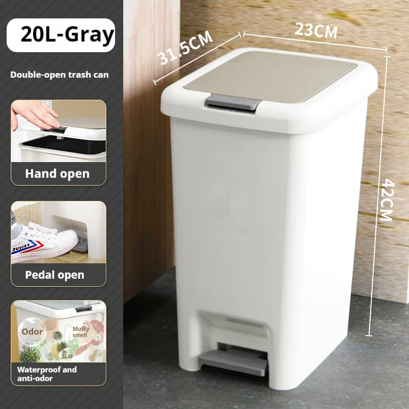 Pedal Double Opening Trash Can Square Manual Garbage Storage Box with Lid 10L/20L Household Large Waste Collector Home Supplies