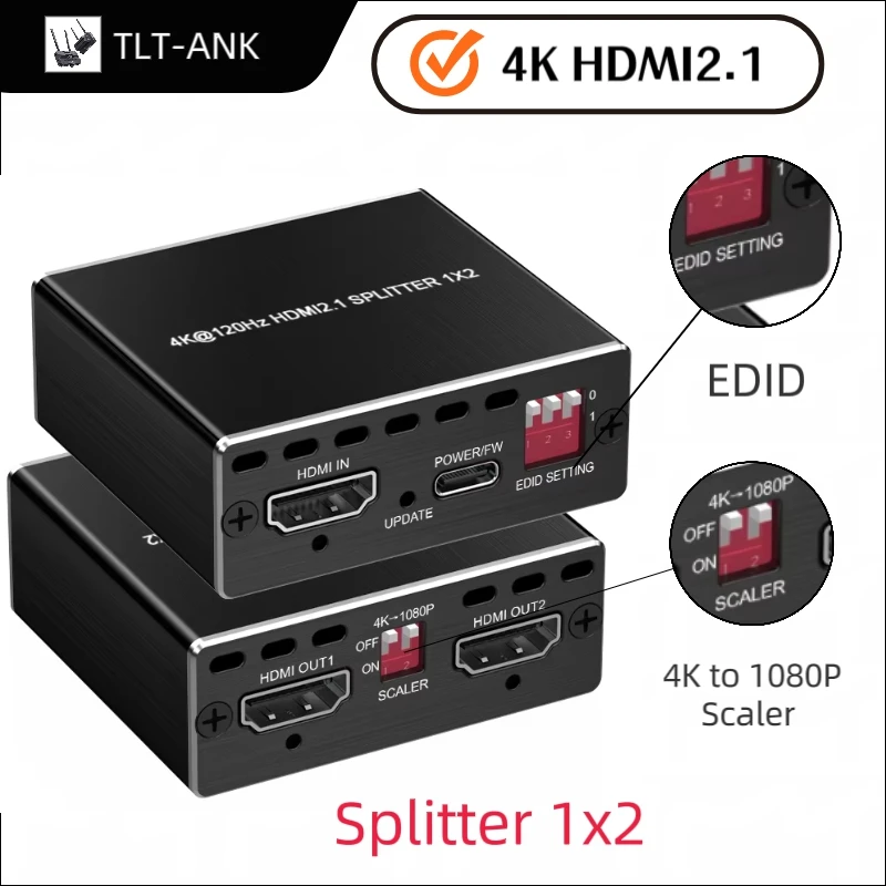 8k@60Hz  HDMI 2.1 Splitter 1x2 Support Do-lby Vision and HDCP 2.3 EDID Management 4K to 1080P scaler