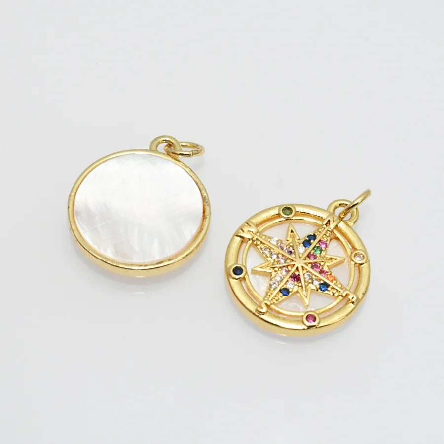 Rainbow CZ Setting 14k Gold Plating Wind Morning Star With White Shell Setting Necklace Pendant For Women Jewelry