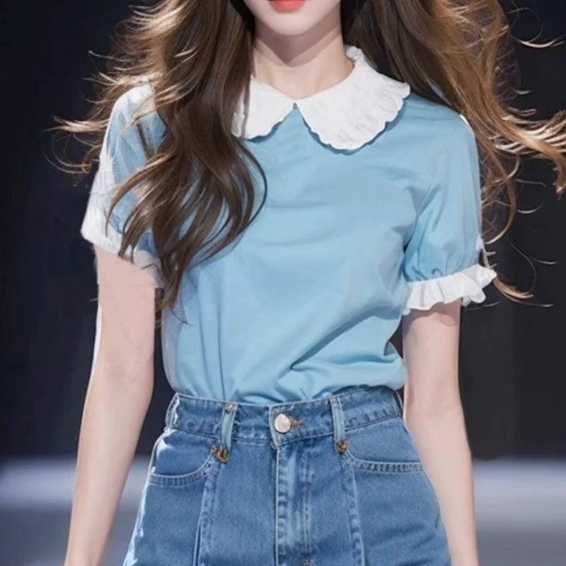 

Runway Summer Casual Loose Slim Short Sleeve Women's Wear Fashion Patchwork Color Peter Pan Neck Sweet Office Lady Shirt