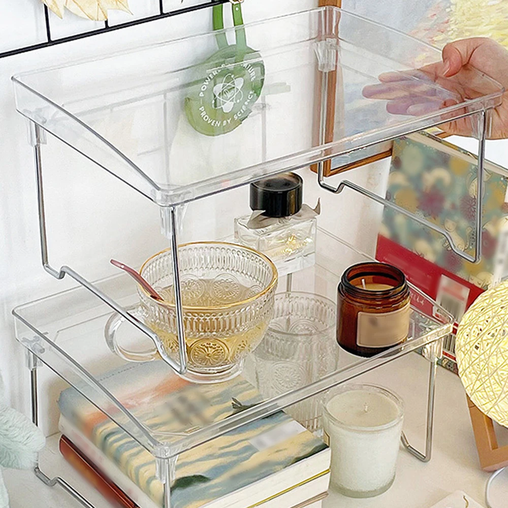 Estante plegable acrílico transparente de 1 pieza, estante de almacenamiento de escritorio apilable y multicapa, adecuado para oficina, estudio, dormitorio