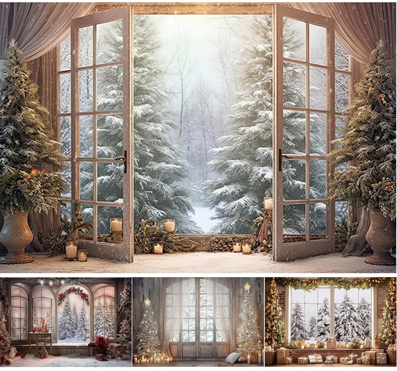 Photography Background Big Window Snow Winter Christmas Party Decorations Trees Santa Gift Backdrop Kids Portrait Photozone